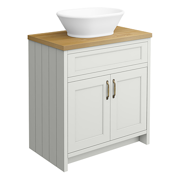 Chatsworth 810mm Grey Countertop Vanity with Beech Worktop, Oval Gloss White Basin & Antique Brass Handles