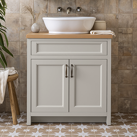 Chatsworth 810mm Grey Countertop Vanity with Beech Worktop, Oval Gloss White Basin & Antique Brass Handles