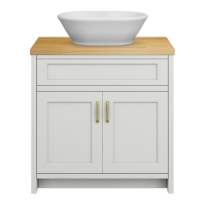 Chatsworth 810mm Grey Countertop Vanity with Beech Worktop, Oval Gloss White Basin & Brushed Brass Handles