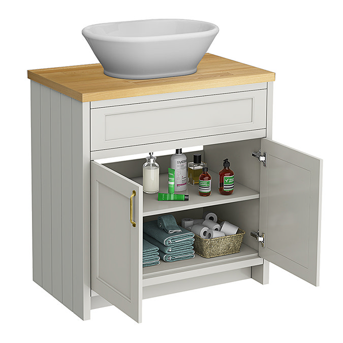 Chatsworth 810mm Grey Countertop Vanity with Beech Worktop, Oval Gloss White Basin & Brushed Brass Handles