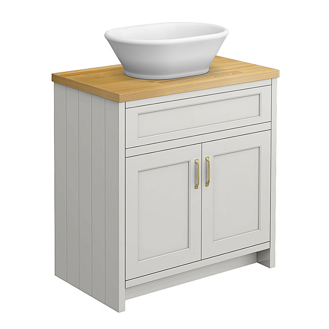 Chatsworth 810mm Grey Countertop Vanity with Beech Worktop, Oval Gloss White Basin & Brushed Brass Handles