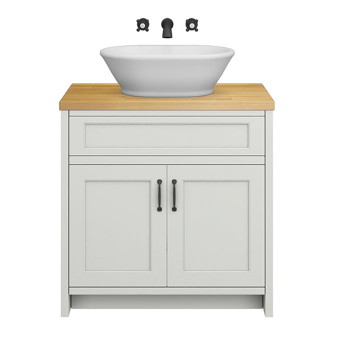 Chatsworth 810 Grey Countertop Vanity with Beech Worktop, Oval Gloss White Basin & Matt Black Handles