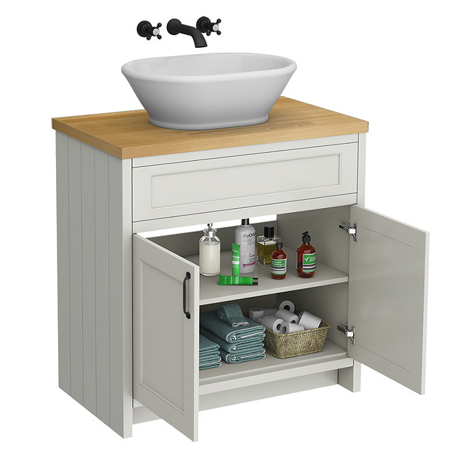 Chatsworth 810 Grey Countertop Vanity with Beech Worktop, Oval Gloss White Basin & Matt Black Handles
