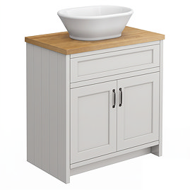 Chatsworth 810mm Grey Countertop Vanity with Beech Worktop, Oval Gloss White Basin & Matt Black Handles