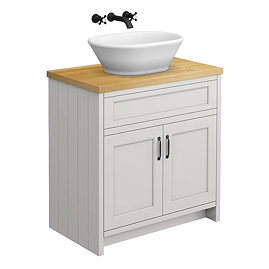Chatsworth 810mm Grey Countertop Vanity with Beech Worktop, Oval Gloss White Basin & Matt Black Handles
