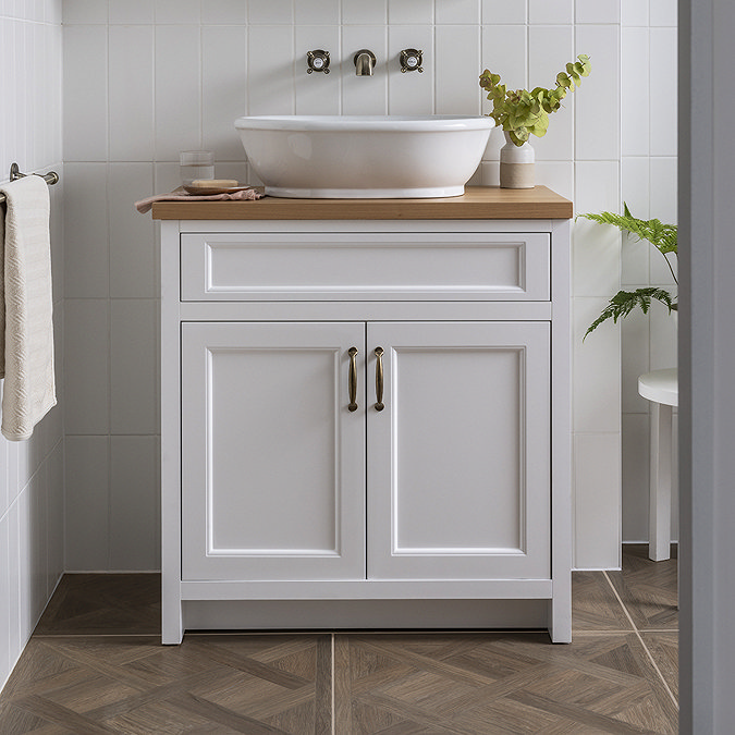 Chatsworth 810mm Traditional White Countertop Vanity with Beech Worktop & Antique Brass Handles