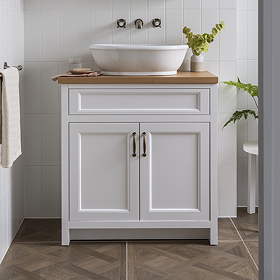 Chatsworth 810mm White Countertop Vanity with Beech Worktop, Oval Gloss White Basin & Antique Brass Handles