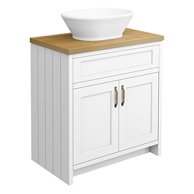 Chatsworth 810mm White Countertop Vanity with Beech Worktop, Oval Gloss White Basin & Antique Brass Handles