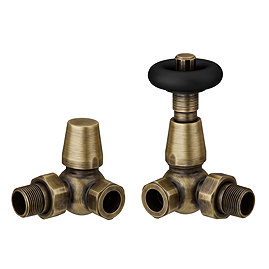 Chatsworth Antique Brass & Black Thermostatic Corner Radiator Valves - Energy Saving