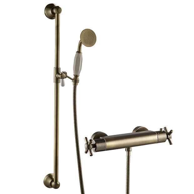 Chatsworth Antique Brass Traditional Crosshead Shower Bar Valve + Slider Rail Kit  Feature Large Ima