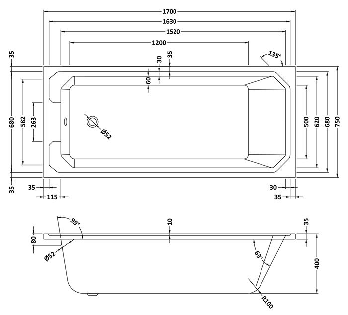 Chatsworth Art Deco Single Ended Bath with Brushed Brass Bath Screen