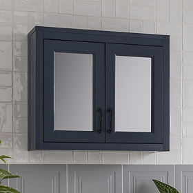 Chatsworth Blue 2-Door Mirror Cabinet - 690mm Wide with Matt Black Handles