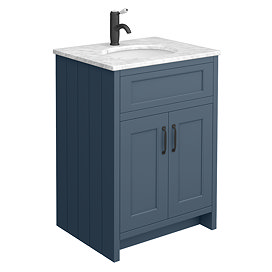 Chatsworth Blue 610mm Vanity with White Marble Basin Top + Matt Black Handles Large Image