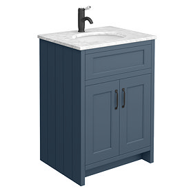 Chatsworth Blue 610mm Vanity with White Marble Basin Top + Matt Black Handles Large Image