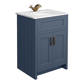 Chatsworth Blue 610mm Vanity with White Marble Basin Top with Antique Brass Handles