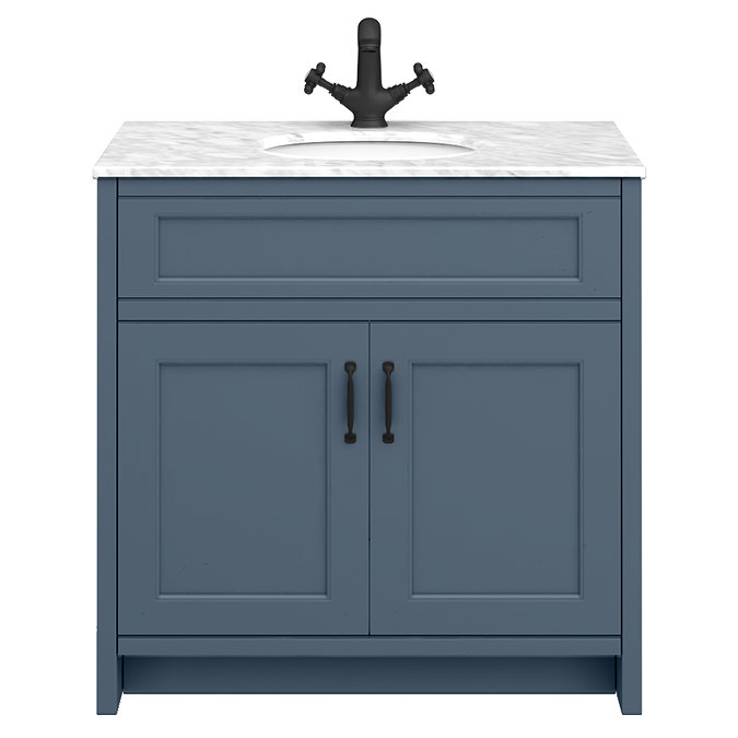 Chatsworth Blue 810mm Vanity with White Marble Basin Top with Matt Black Handles