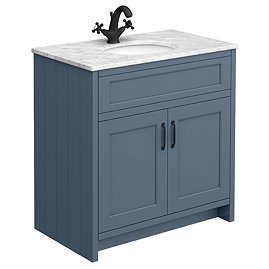 Chatsworth Blue 810mm Vanity with White Marble Basin Top with Matt Black Handles