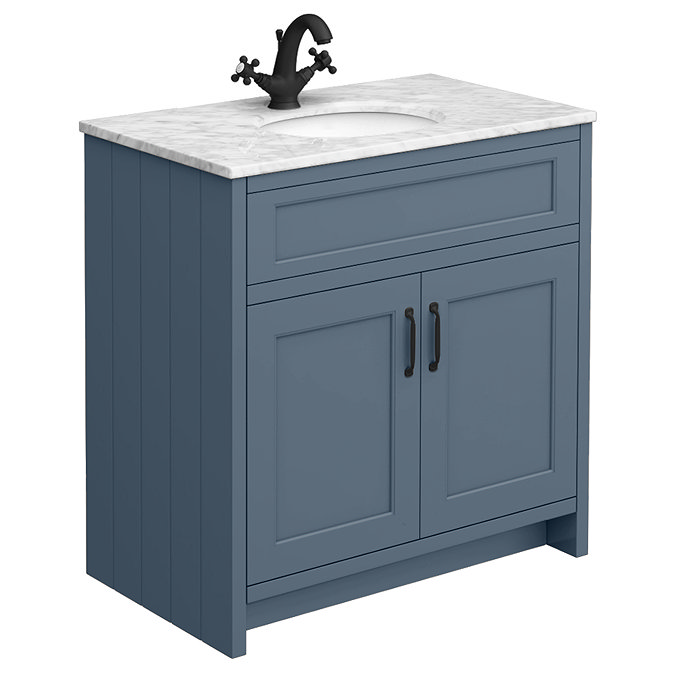 Chatsworth Blue 810mm Vanity with White Marble Basin Top with Matt Black Handles