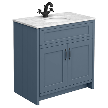 Chatsworth Blue 810mm Vanity with White Marble Basin Top with Matt Black Handles