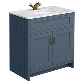 Chatsworth Blue 810mm Vanity with White Marble Basin Top with Antique Brass Handles