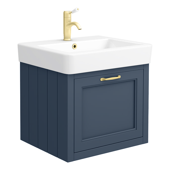 Chatsworth Blue Wall Hung 1 Drawer Vanity - 560mm with Brushed Brass Handle