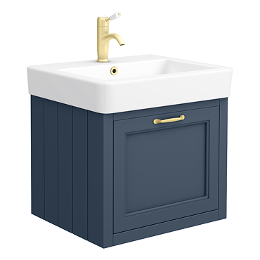 Chatsworth Blue Wall Hung 1 Drawer Vanity - 560mm with Brushed Brass Handle