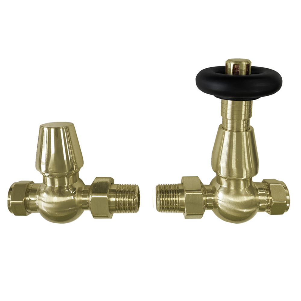 Chatsworth Brushed Brass And Black Thermostatic Straight Radiator Valves Energy Saving