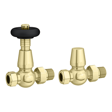 Chatsworth Brushed Brass & Black Thermostatic Straight Radiator Valves - Energy Saving