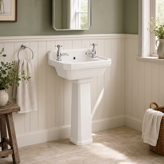 Chatsworth Cloakroom Basin with Upstand and Full Pedestal (2 Tap Hole - 515mm Wide)