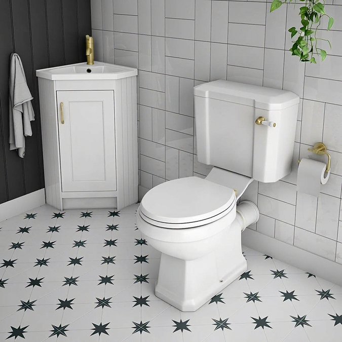 Chatsworth Close Coupled Traditional Toilet - White Ceramic WC with Brushed Brass Flush & Soft Close Seat