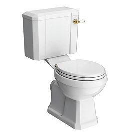 Chatsworth Close Coupled Traditional Toilet - White Ceramic WC with Brushed Brass Flush & Soft Close Seat