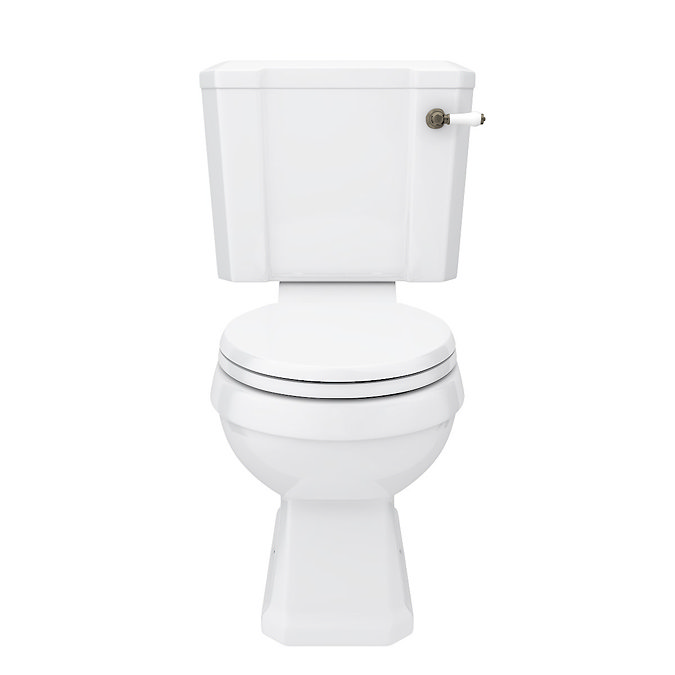 Chatsworth Comfort Height Close Coupled Traditional Toilet - White Ceramic WC with Antique Brass Flush & Soft Close Seat