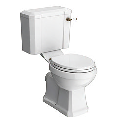 Chatsworth Comfort Height Close Coupled Traditional Toilet - White Ceramic WC with Antique Brass Flush & Soft Close Seat