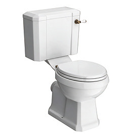 Chatsworth Comfort Height Close Coupled Traditional Toilet - White Ceramic WC with Antique Brass Flush & Soft Close Seat