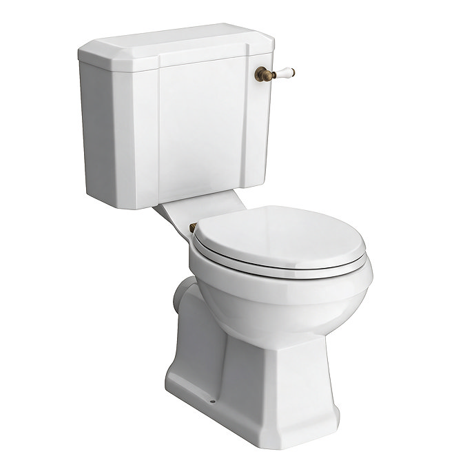Chatsworth Comfort Height Close Coupled Traditional Toilet - White Ceramic WC with Antique Brass Flush & Soft Close Seat
