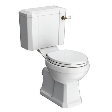 Chatsworth Comfort Height Close Coupled Traditional Toilet - White Ceramic WC with Antique Brass Flush & Soft Close Seat