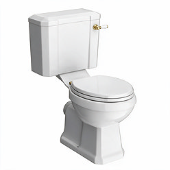 Chatsworth Comfort Height Close Coupled Traditional Toilet - White Ceramic WC with Brushed Brass Flush & Soft Close Seat