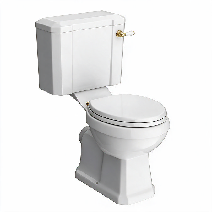Chatsworth Comfort Height Close Coupled Traditional Toilet - White Ceramic WC with Brushed Brass Flush & Soft Close Seat
