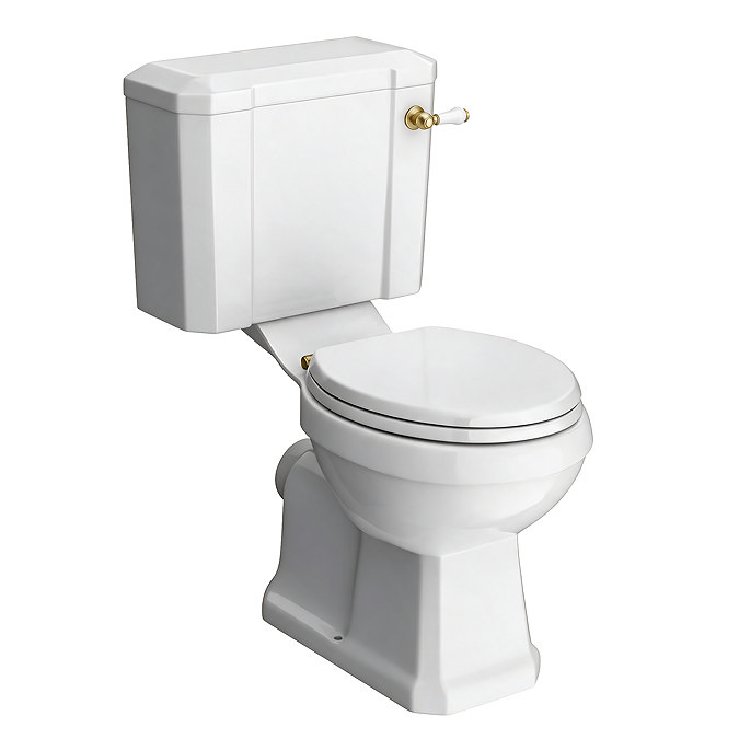Chatsworth Comfort Height Close Coupled Traditional Toilet - White Ceramic WC with Brushed Brass Flush & Soft Close Seat