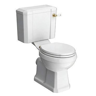 Chatsworth Comfort Height Close Coupled Traditional Toilet - White Ceramic WC with Brushed Brass Flush & Soft Close Seat