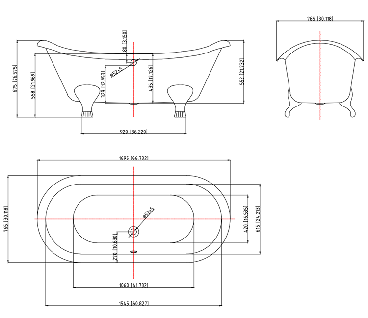 Chatsworth Double Ended Slipper Roll Top Cast Iron Bath - 1700 x 760mm with Chrome Feet