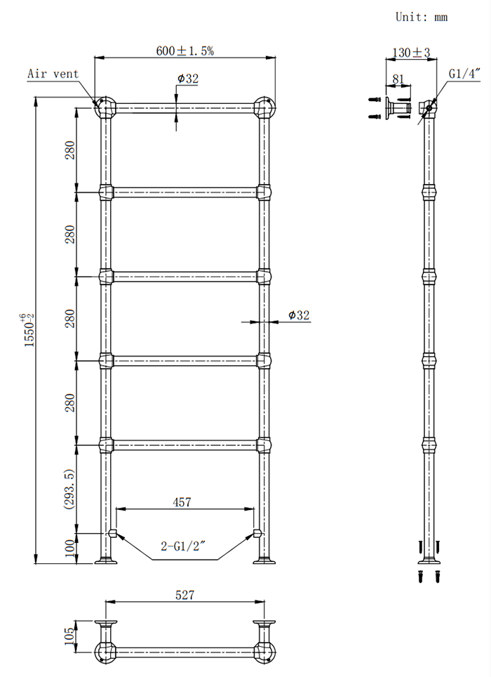 Chatsworth Traditional Floor Mounted Towel Rail 1550 x 600mm Polished Chrome