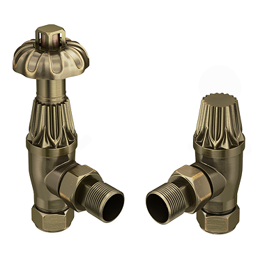 Chatsworth Gothic Antique Brass Thermostatic Angled Radiator Valves - Energy Saving