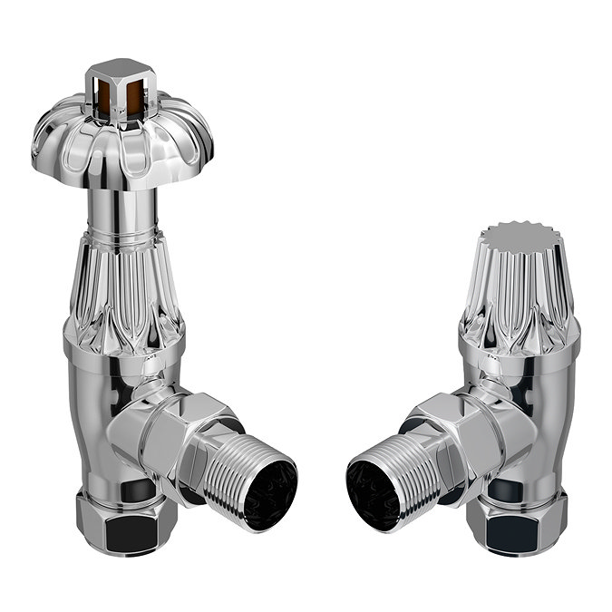 Chatsworth Gothic Chrome Thermostatic Angled Radiator Valve and Pipe Set