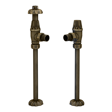 Chatsworth Gothic Rustic Brass Thermostatic Angled Radiator Valve and Pipe Set