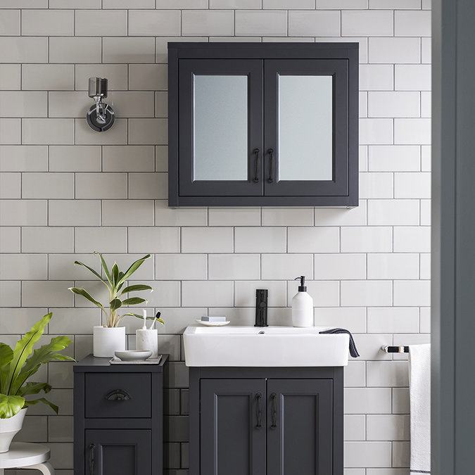 Chatsworth Graphite 2-Door Mirror Cabinet - 690mm Wide with Matt Black Handles