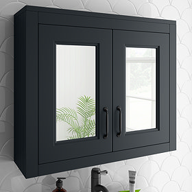 Chatsworth Graphite 2-Door Mirror Cabinet - 690mm Wide with Matt Black Handles Large Image