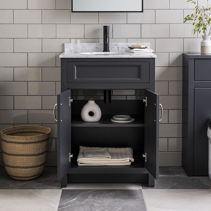 Chatsworth Graphite 610mm Vanity with White Marble Basin Top + Matt Black Handles