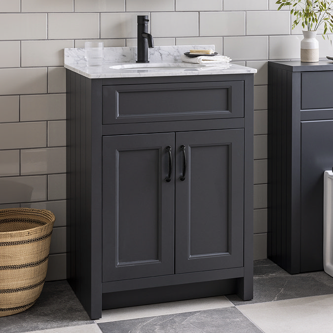Chatsworth Graphite 610mm Vanity with White Marble Basin Top + Matt Black Handles