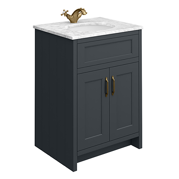 Chatsworth Graphite 610mm Vanity with White Marble Basin Top with Antique Brass Handles